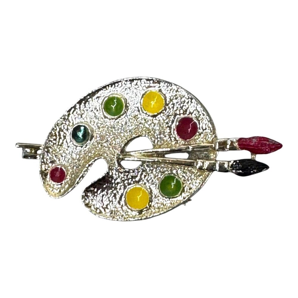 Vintage Gerrys Artist Palette Brooch Pin Paint Colorful Gem Accents Silver Tone